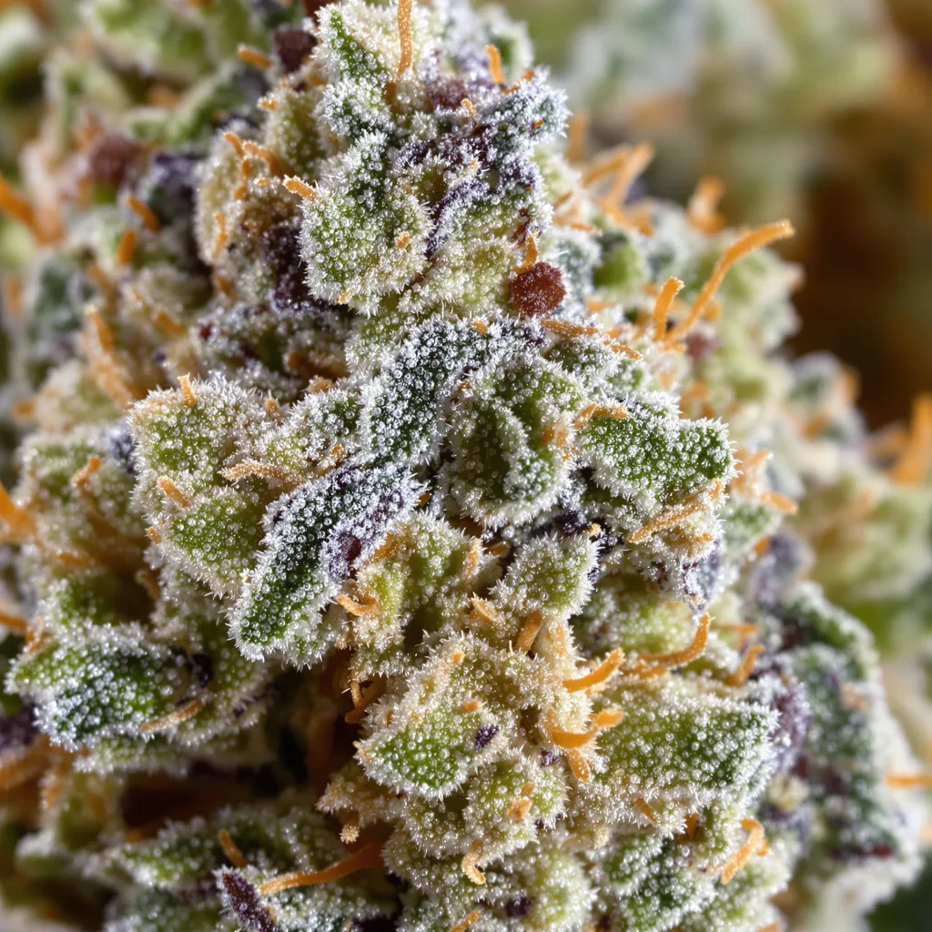 Primer plano de cogollo de cannabis Purple Lemonade mostrando estructura equilibrada con tricomas escarchados