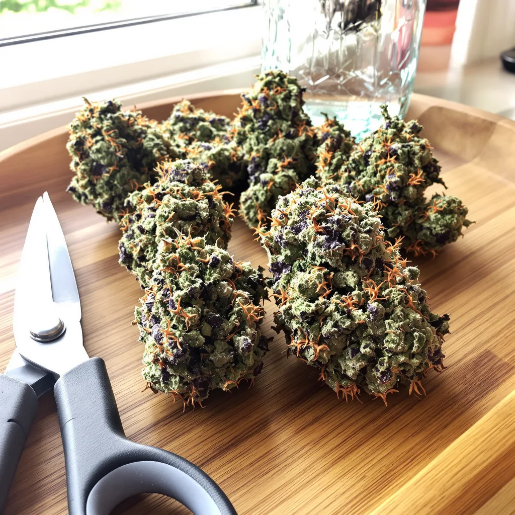 Purple Lemonade 55% indica / 45% sativa — flor con tricomas visibles