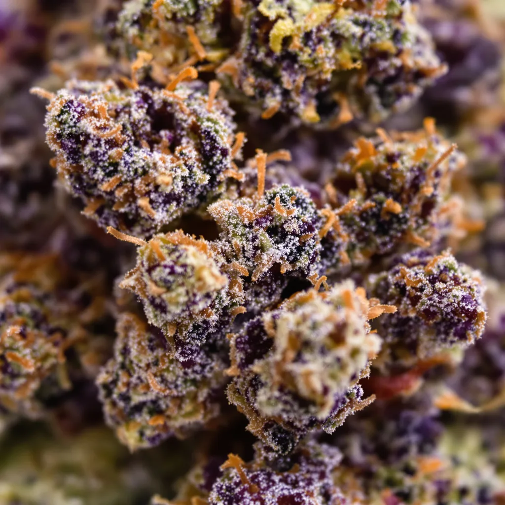Primer plano de cogollo de cannabis Purple Martian Kush mostrando cálices densos con tonos morados