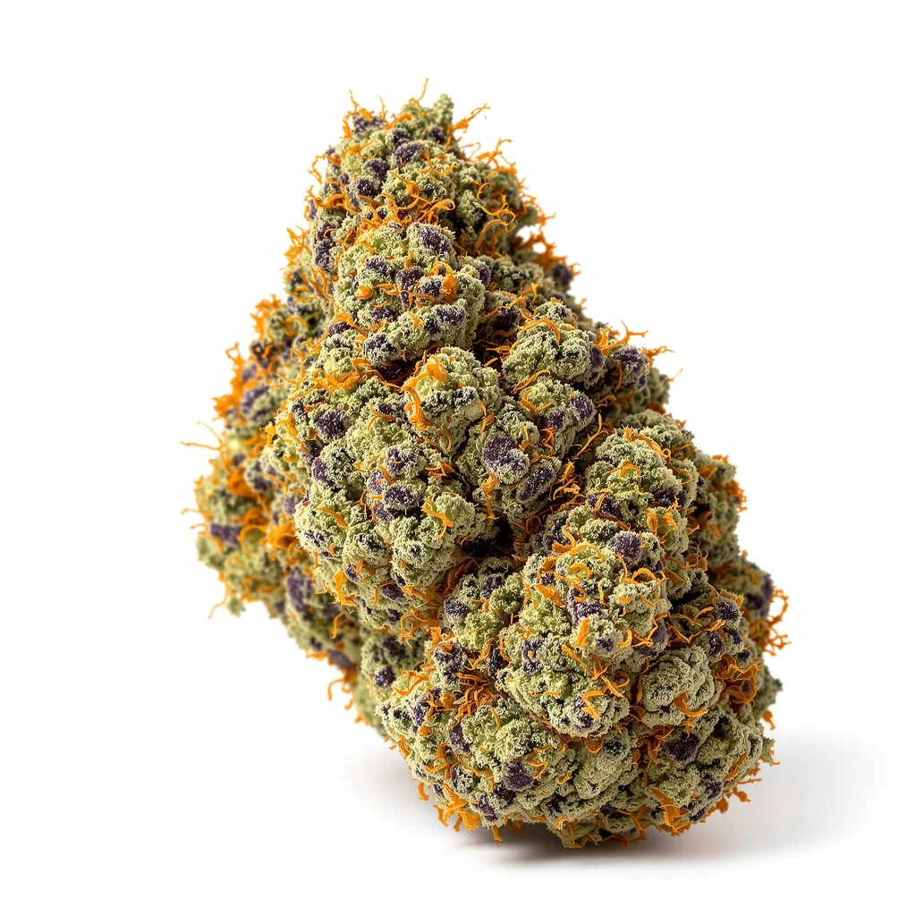Purple Martian Kush 73% indica / 27% sativa — flor con tricomas visibles