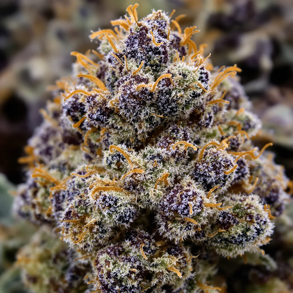 Primer plano de cogollo de cannabis Purple Martian Kush mostrando cálices densos con tonos morados