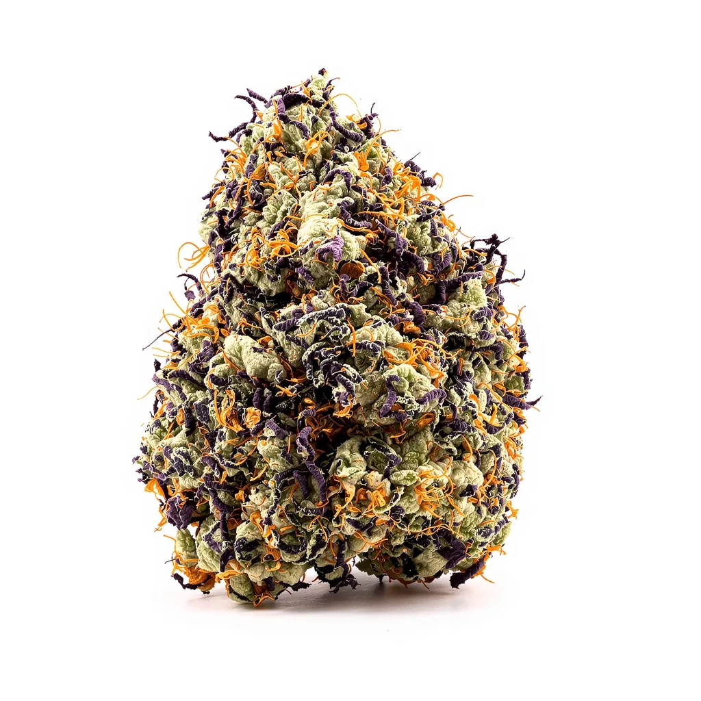 Purple Martian Kush 73% indica / 27% sativa — flor con tricomas visibles
