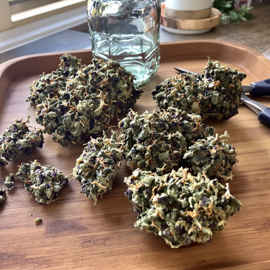 Purple Monkey Balls 68% indica / 32% sativa — flor con tricomas visibles