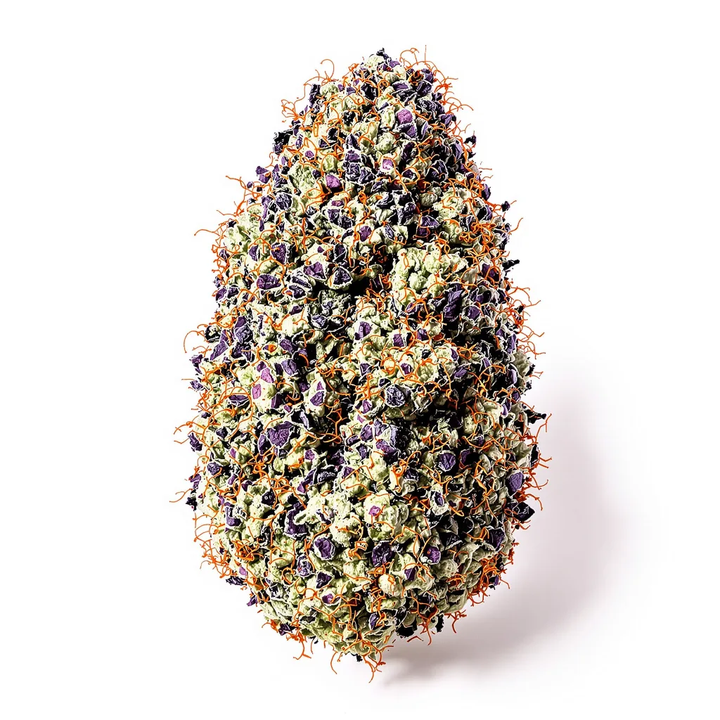 Purple Monkey Balls 68% indica / 32% sativa — flor con tricomas visibles