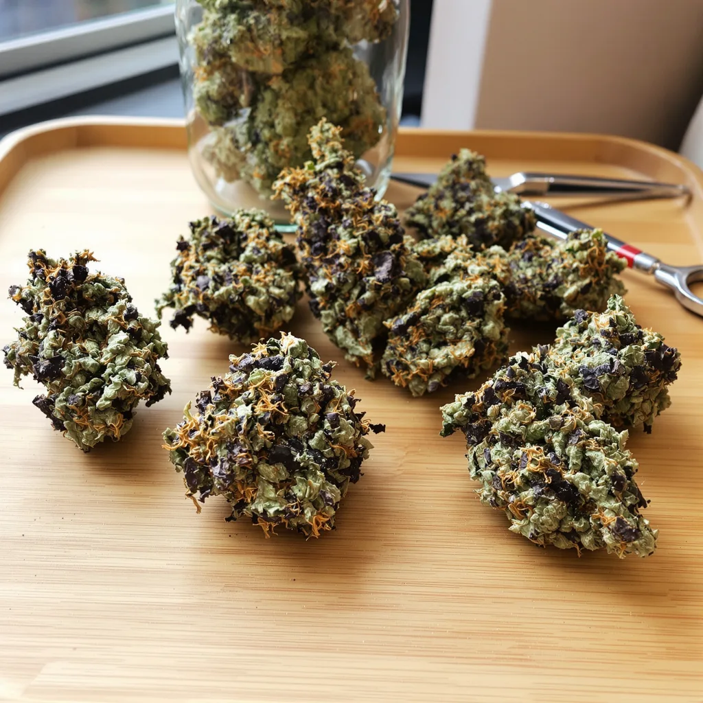 Purple Mr. Nice 74% indica / 26% sativa — flor con tricomas visibles