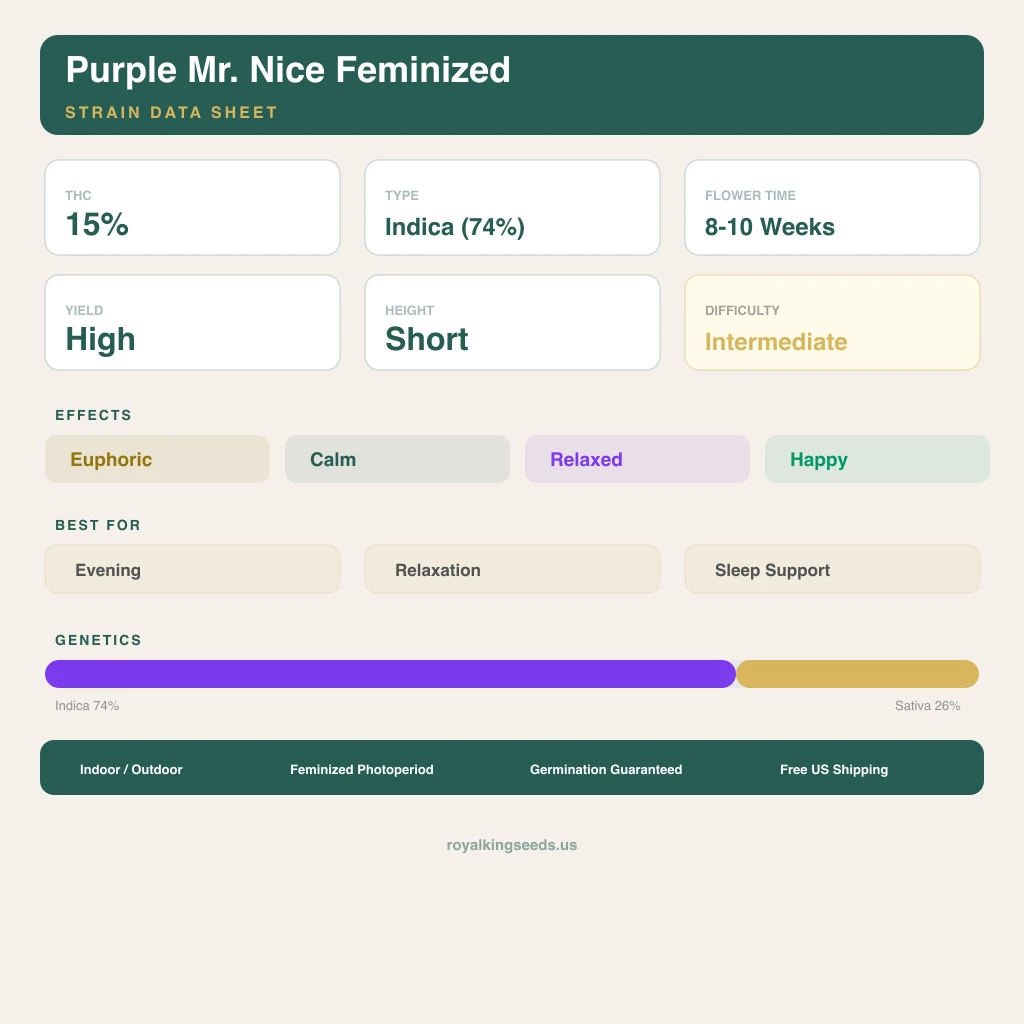 Purple Mr. Nice 74% indica / 26% sativa — flor con tricomas visibles