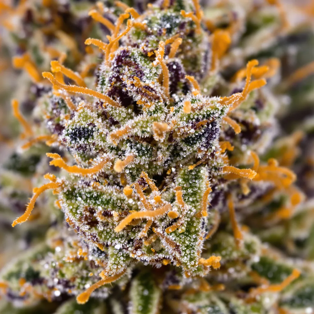 Primer plano de cogollo de cannabis Purple Mr. Nice mostrando cálices densos con tonos morados