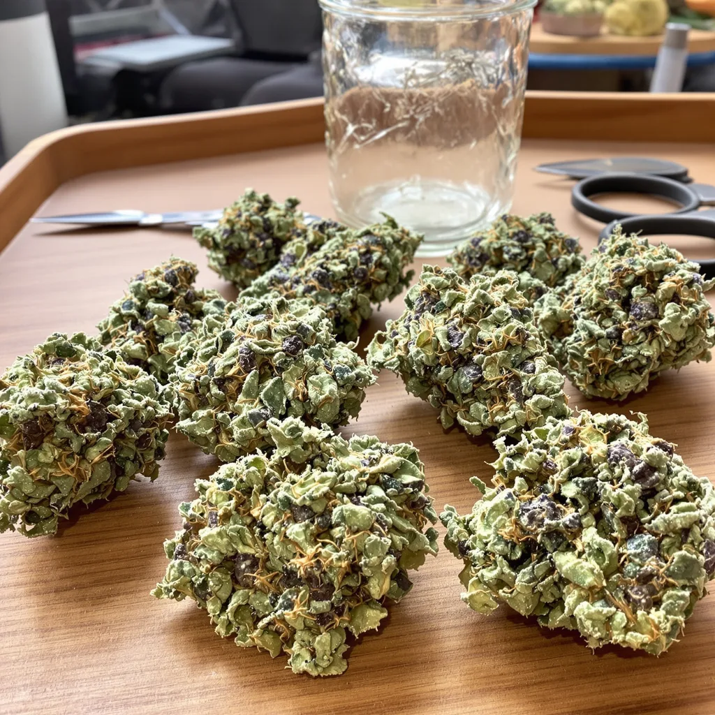 Purple Nepal Candy 39% indica / 61% sativa — flor con tricomas visibles