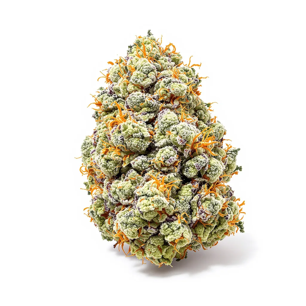 Purple Nepal Candy 39% indica / 61% sativa — flor con tricomas visibles