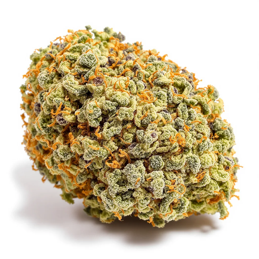 Purple Nepal Candy 39% indica / 61% sativa — flor con tricomas visibles