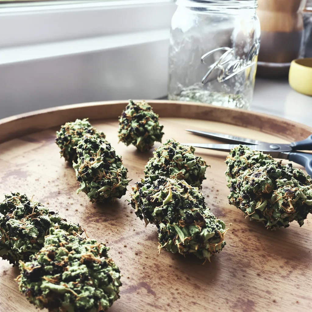 Purple OG Kush 75% indica / 25% sativa — flor con tricomas visibles