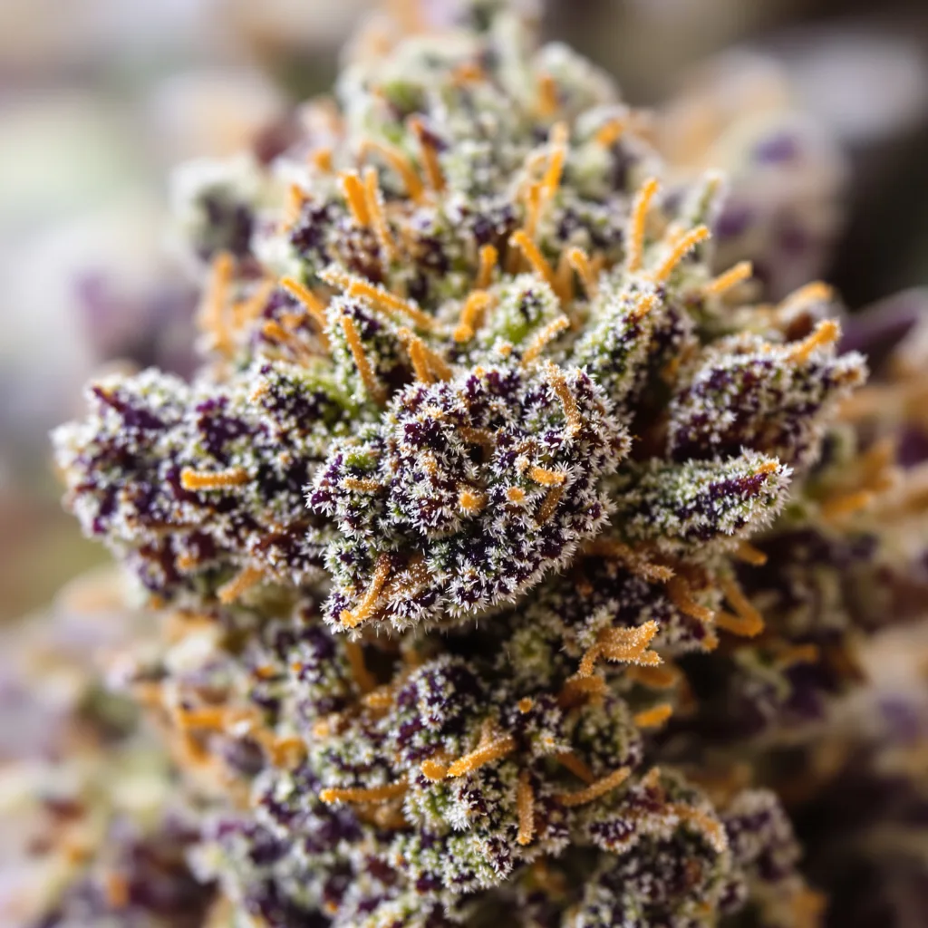 Primer plano de cogollo de cannabis Purple OG Kush mostrando cálices densos con tonos morados