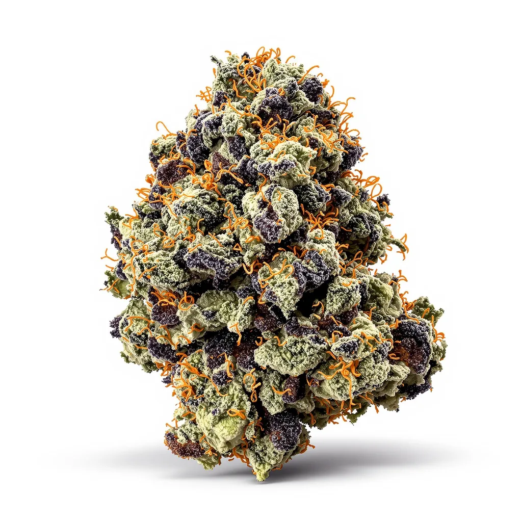 Purple OG Kush 75% indica / 25% sativa — flor con tricomas visibles