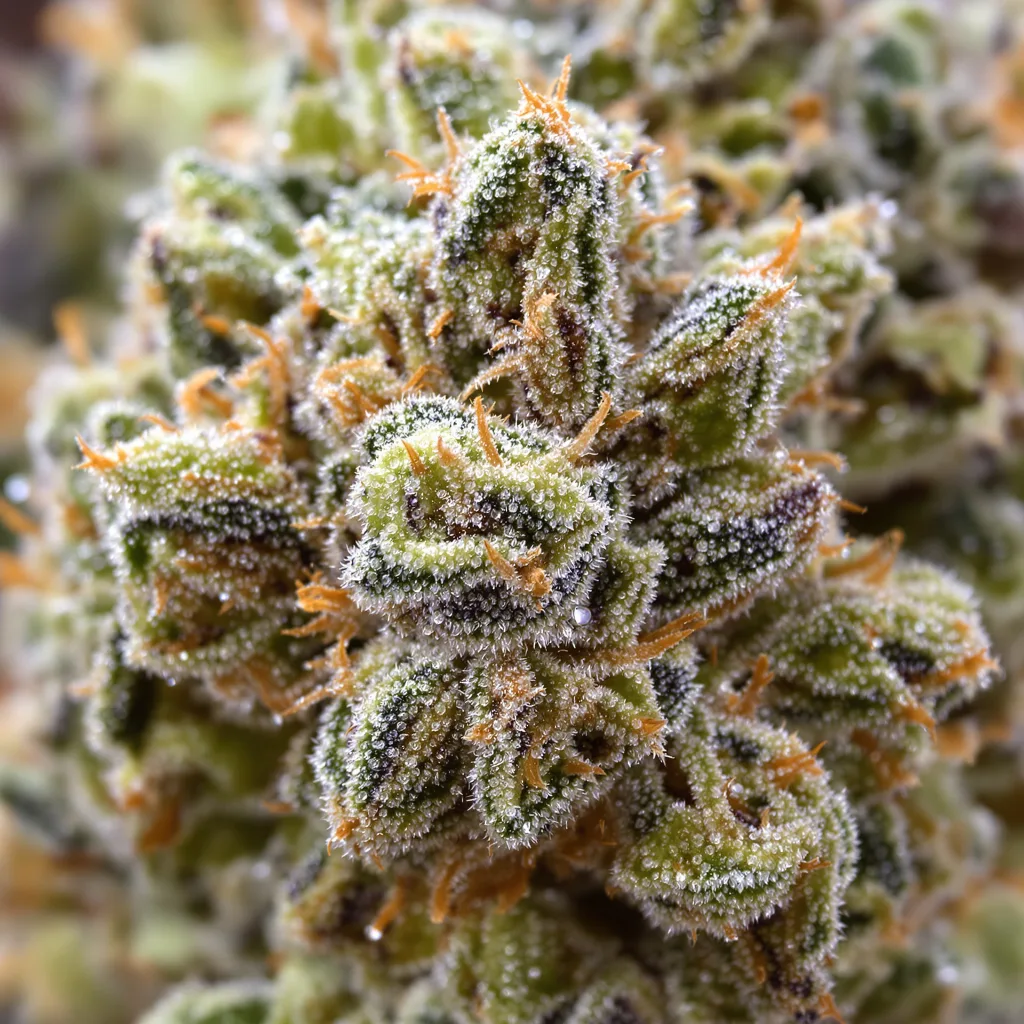 Primer plano de cogollo de cannabis Purple Pantera mostrando cogollos densos verde bosque