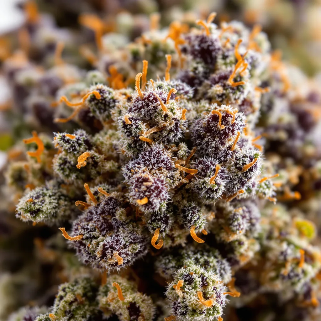 Primer plano de cogollo de cannabis Purple Passion mostrando cálices densos con tonos morados