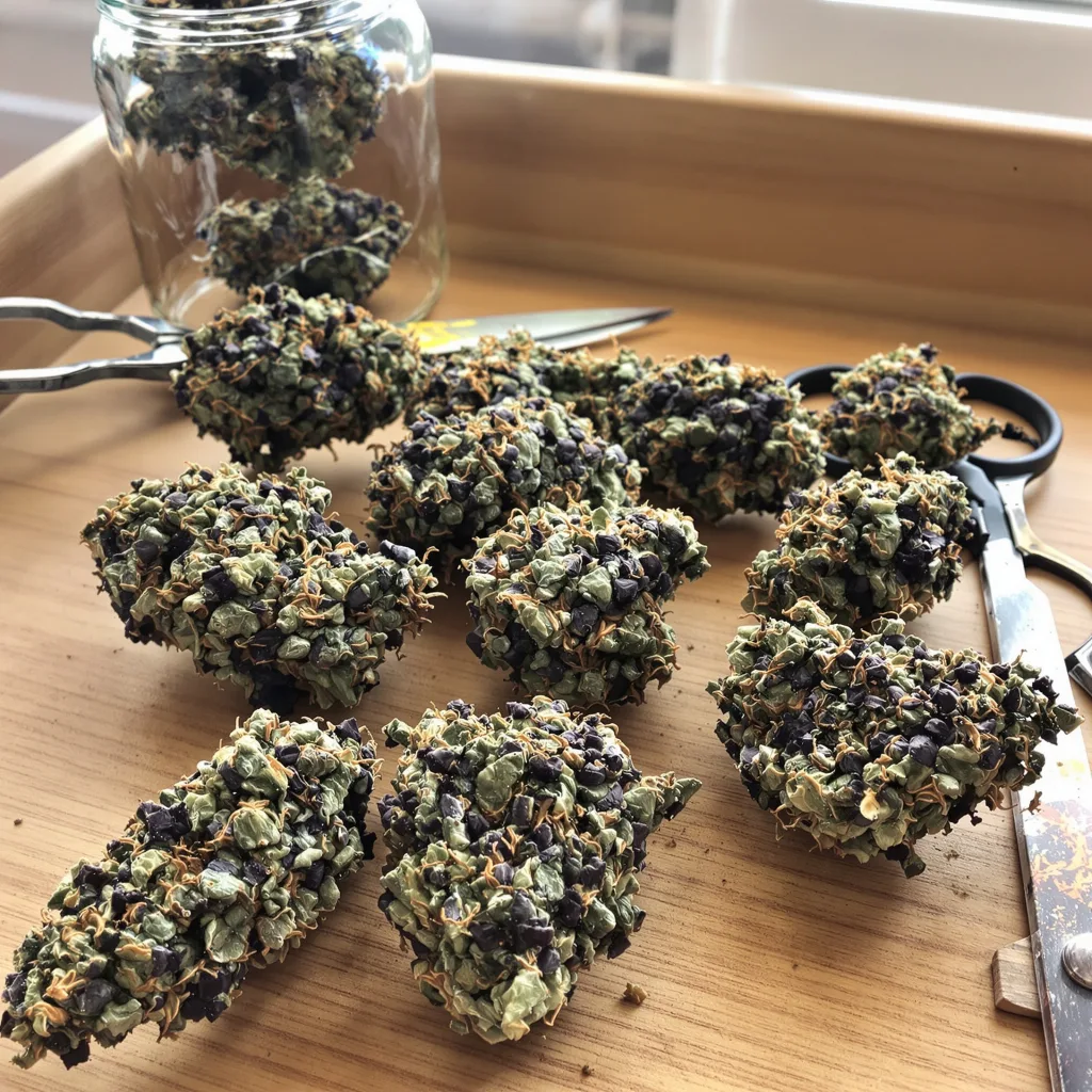 Purple People Eater 65% indica / 35% sativa — flor con tricomas visibles