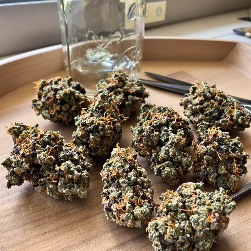 Purple Punch 70% indica / 30% sativa — flor con tricomas visibles