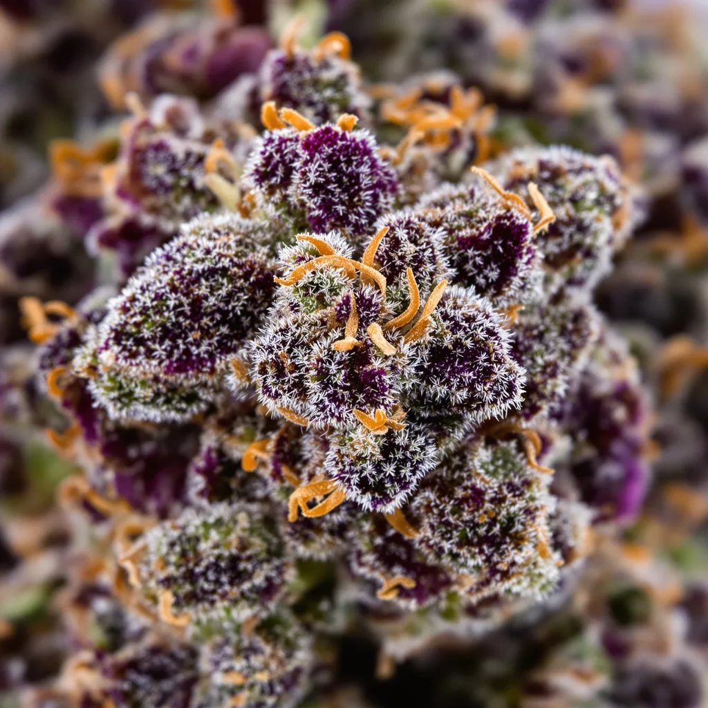 Primer plano de cogollo de cannabis Purple Punch mostrando cálices densos con tonos morados