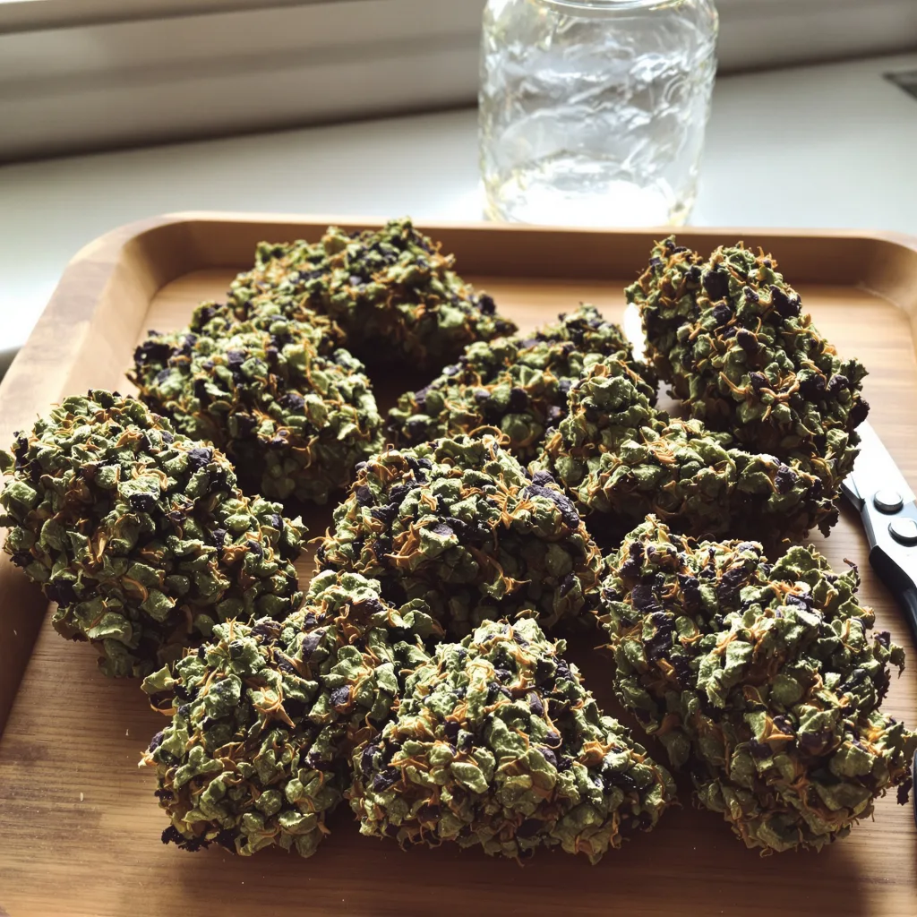 Purple Punch 70% indica / 30% sativa — flor con tricomas visibles