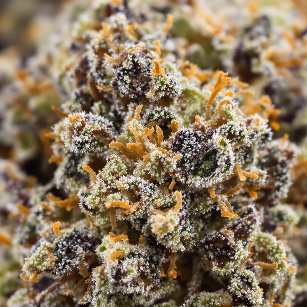 Primer plano de cogollo de cannabis Purple Punch mostrando cálices densos con tonos morados