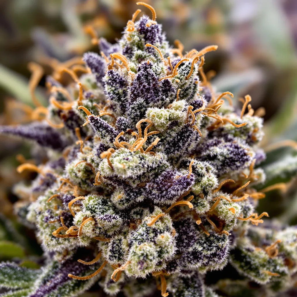 Primer plano de cogollo de cannabis Purple Sage mostrando cálices densos con tonos morados