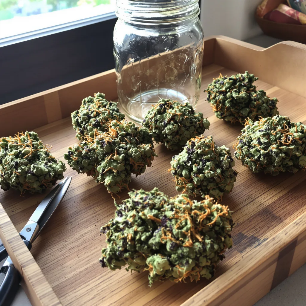 Purple Skunk 54% indica / 46% sativa — flor con tricomas visibles