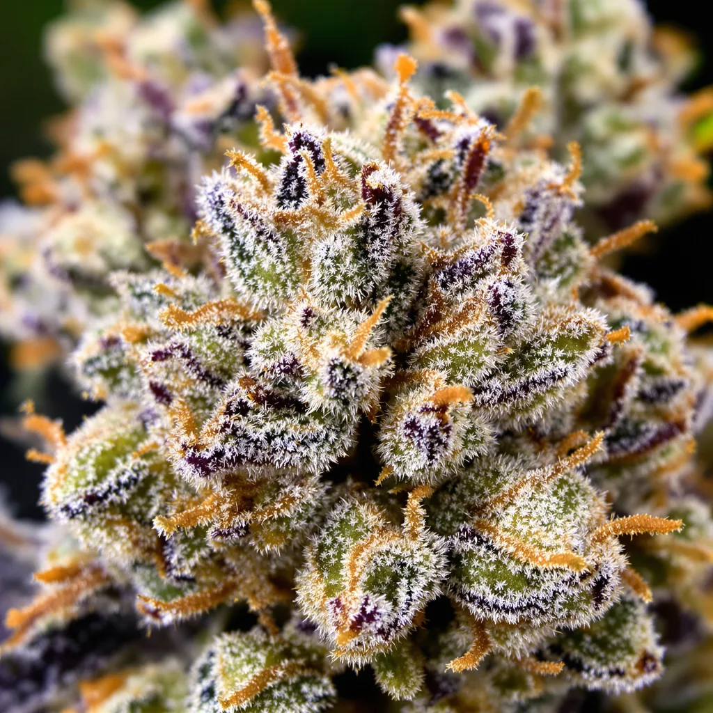 Primer plano de cogollo de cannabis Purple Skunk mostrando estructura equilibrada con tricomas escarchados