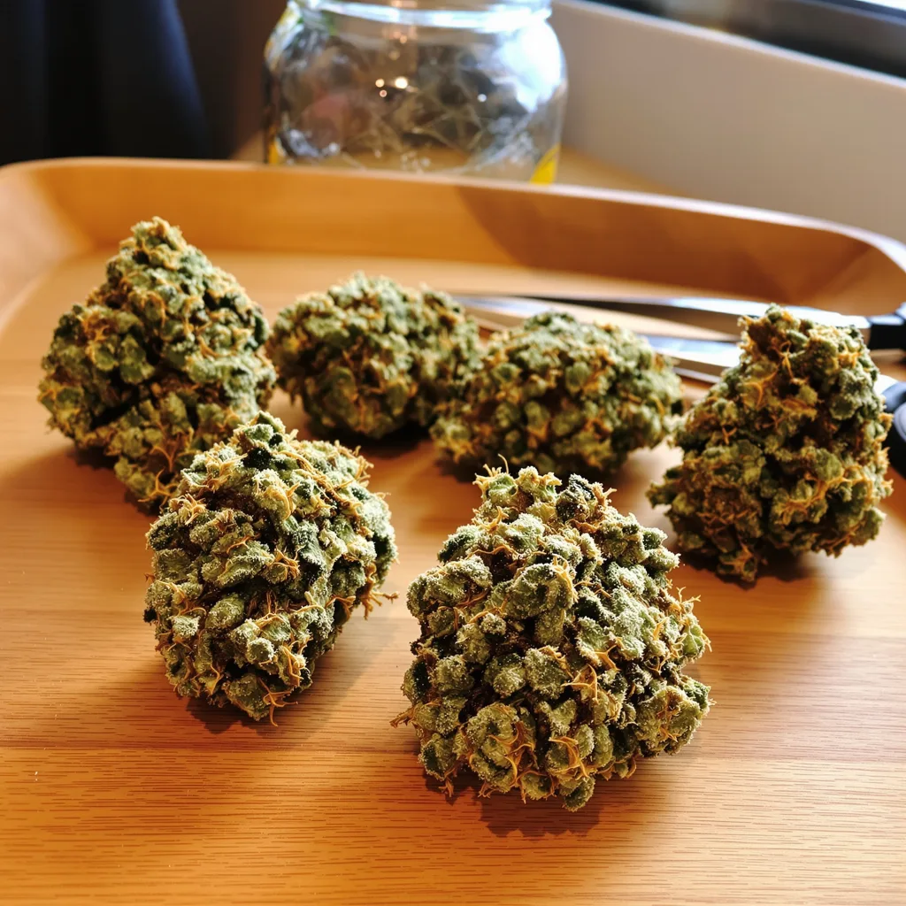 Purple Skunk 54% indica / 46% sativa — flor con tricomas visibles