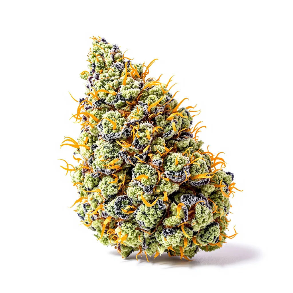 Purple Skunk 54% indica / 46% sativa — flor con tricomas visibles