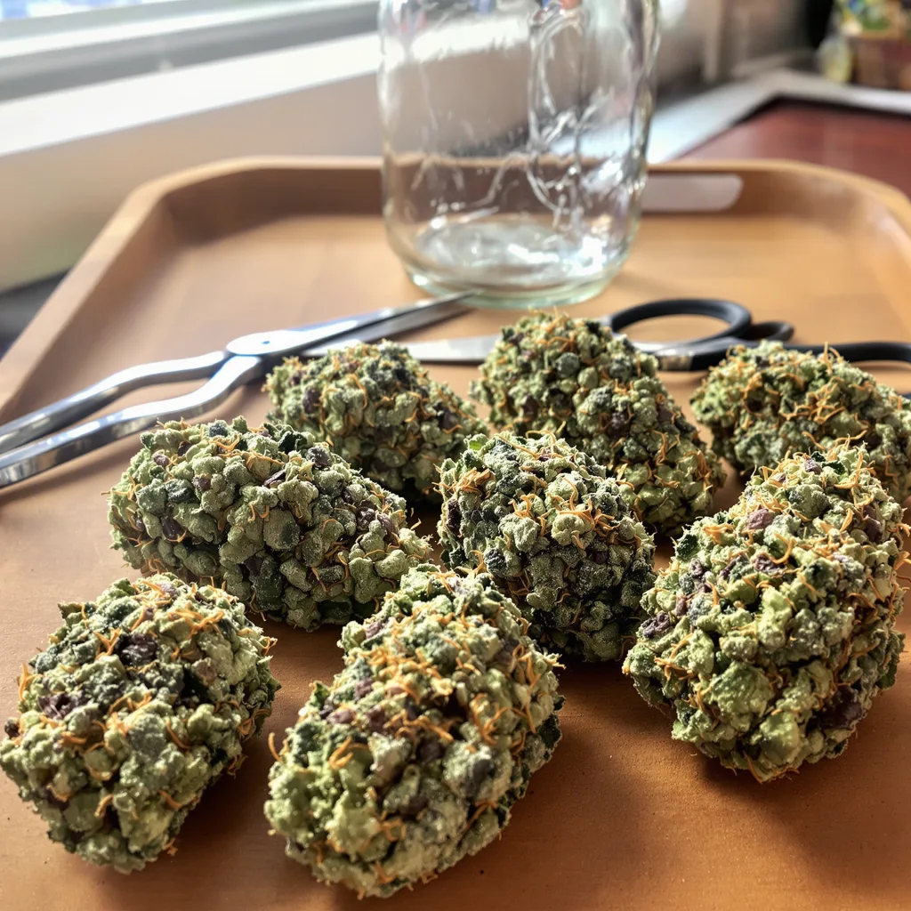 Purple Sour Diesel 30% indica / 60% sativa — flor con tricomas visibles