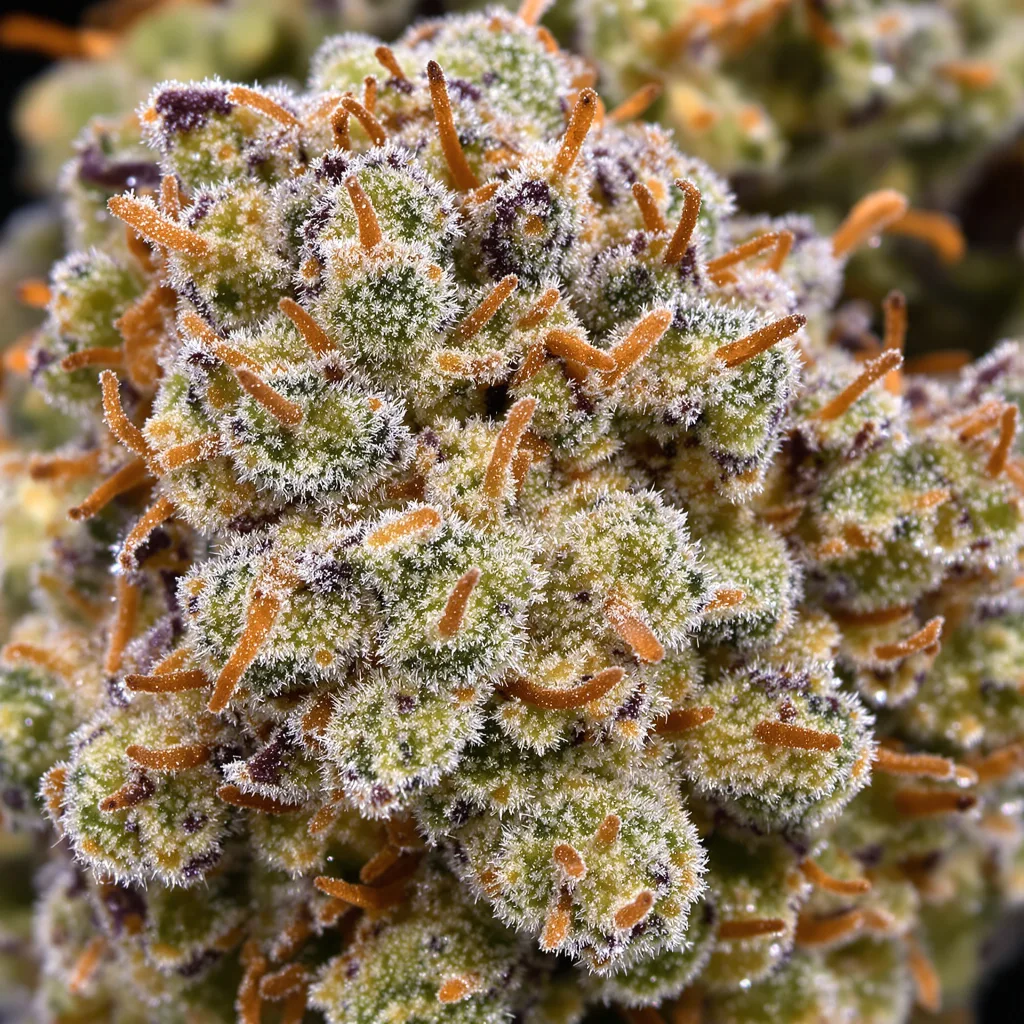 Primer plano de cogollo de cannabis Purple Sour Diesel mostrando estructura abierta con pistilos naranjas