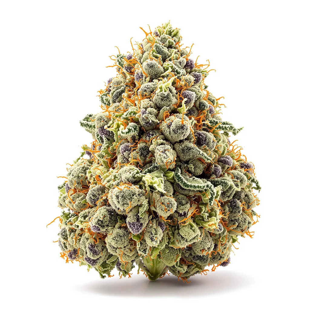 Purple Sour Diesel 30% indica / 60% sativa — flor con tricomas visibles