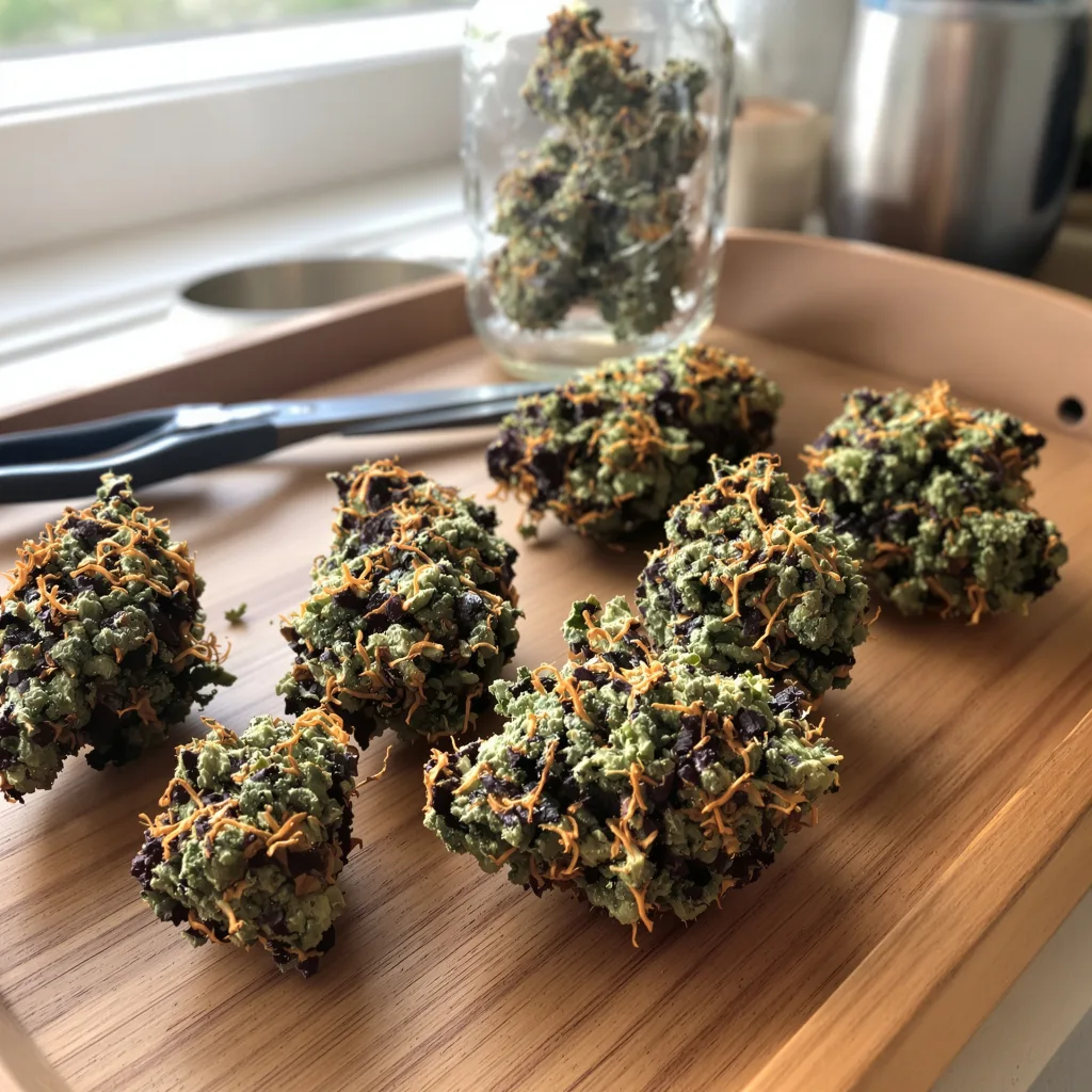 Purple Star 68% indica / 32% sativa — flor con tricomas visibles
