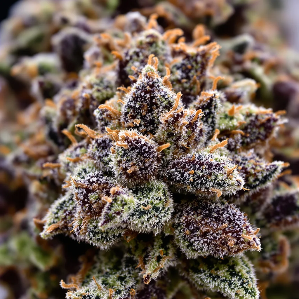 Primer plano de cogollo de cannabis Purple Star mostrando cálices densos con tonos morados