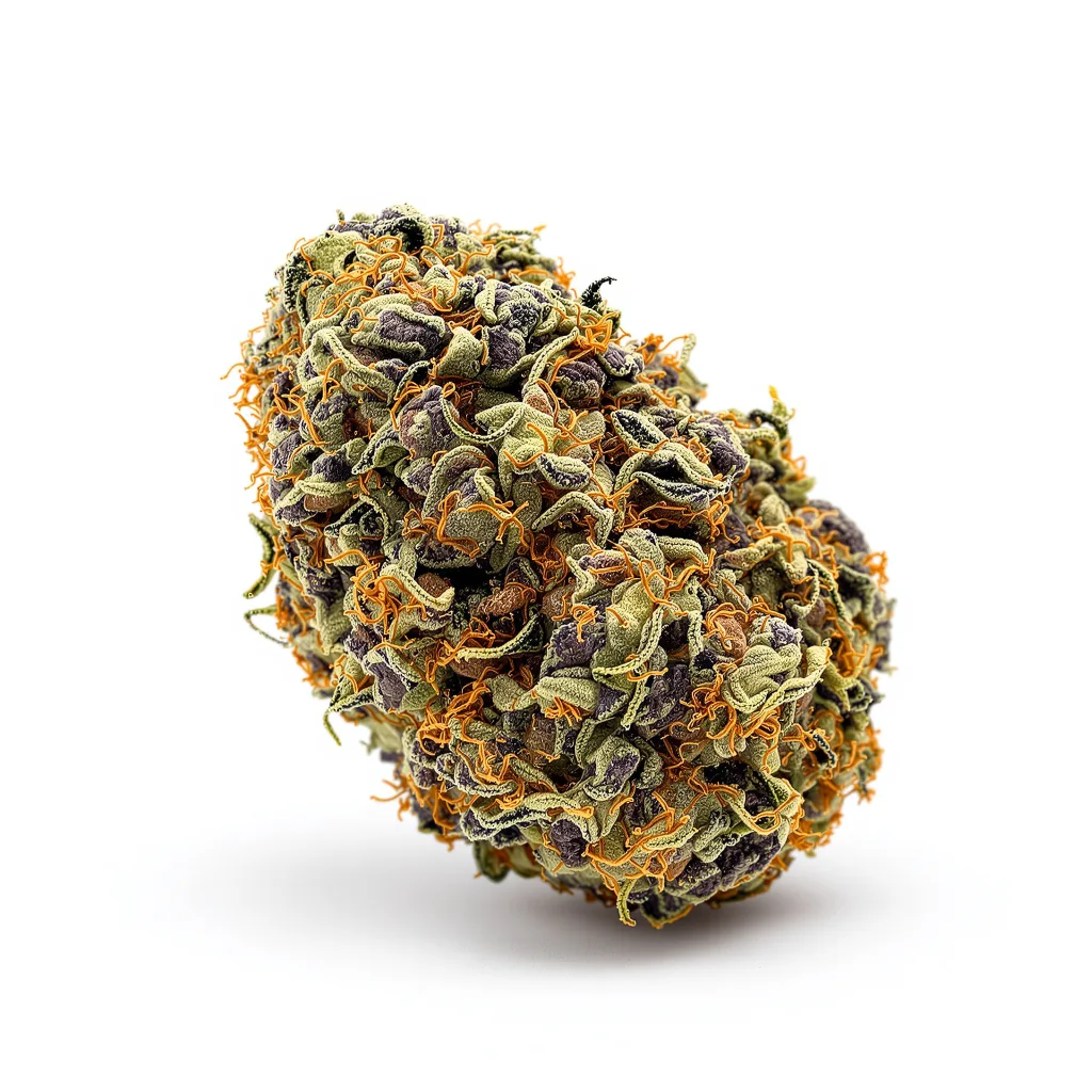 Purple Star 68% indica / 32% sativa — flor con tricomas visibles