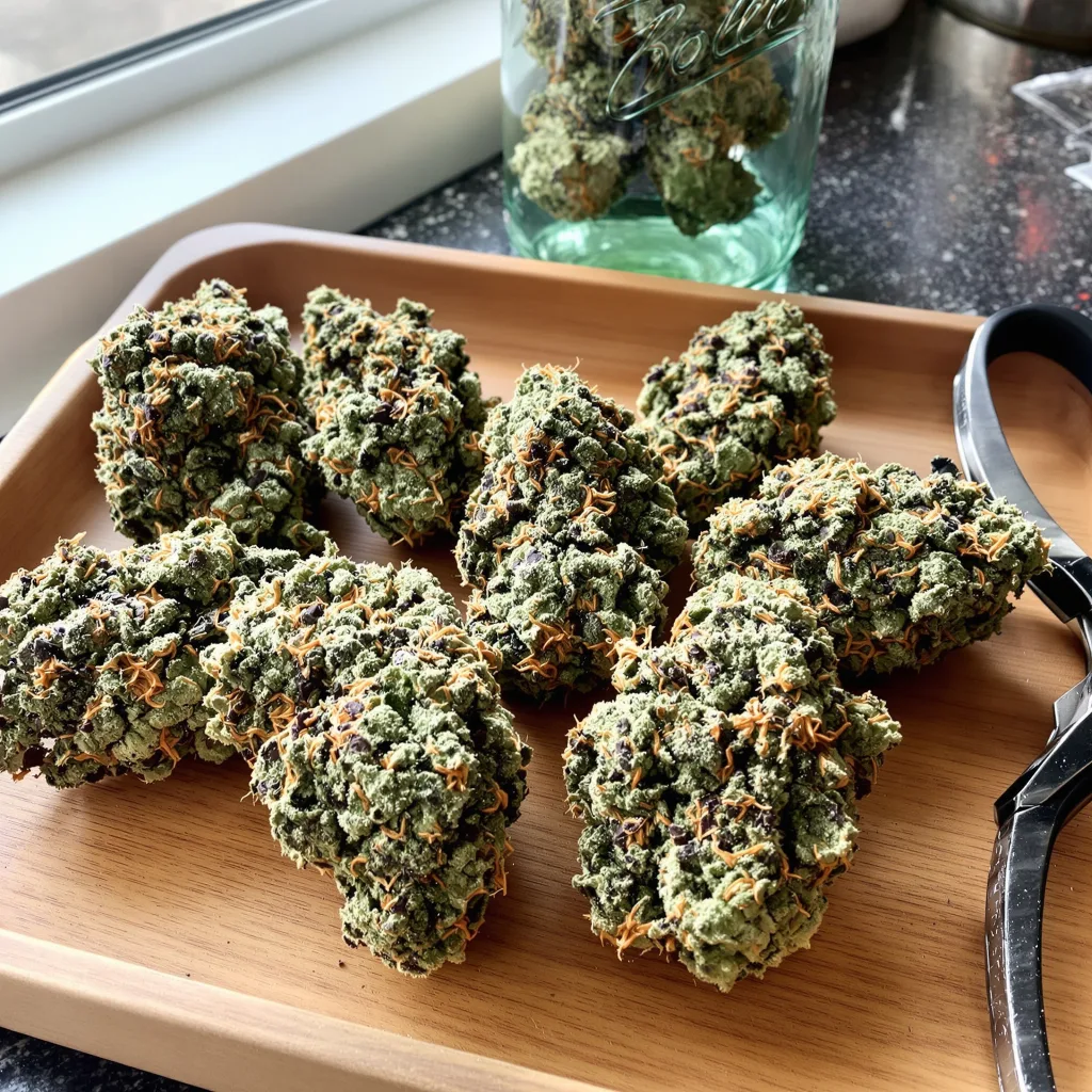 Purple Trainwreck 50% indica / 50% sativa — flor con tricomas visibles