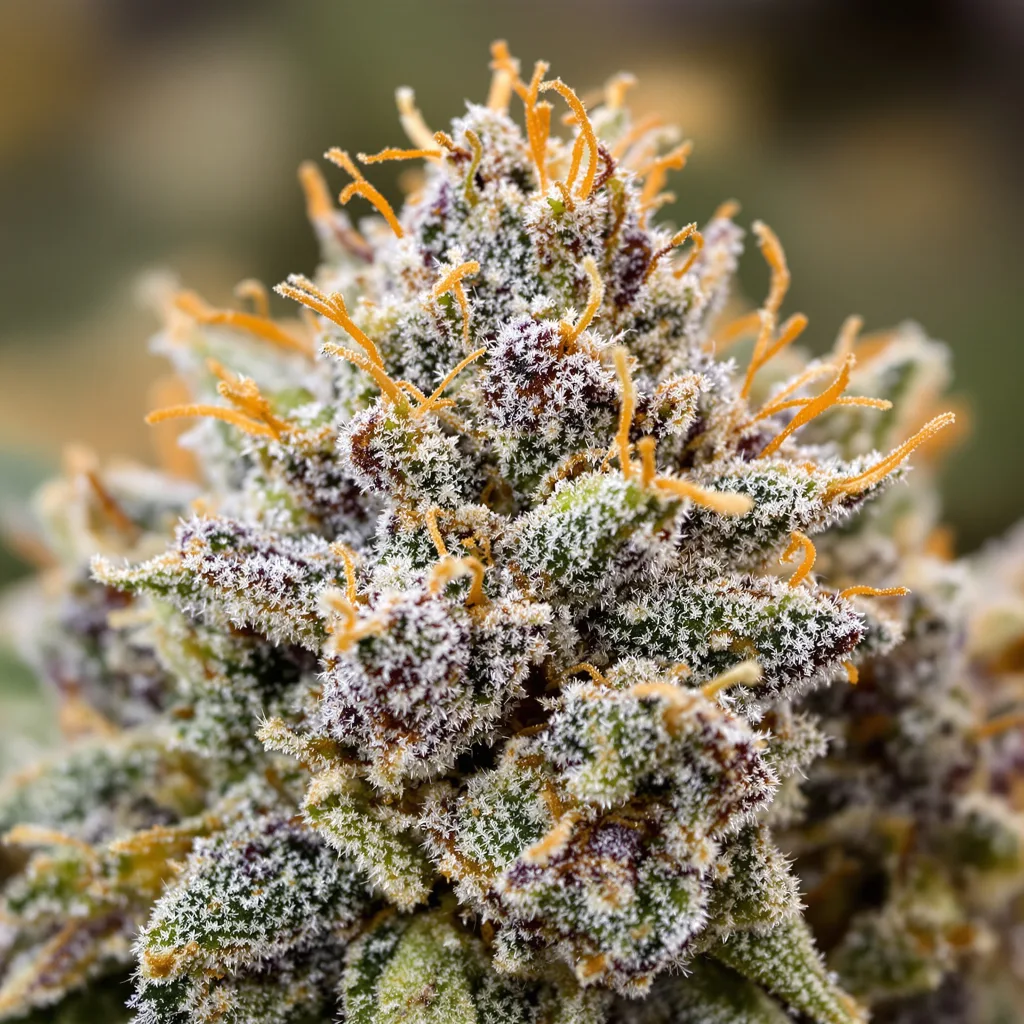 Primer plano de cogollo de cannabis Purple Trainwreck mostrando estructura equilibrada con tricomas escarchados