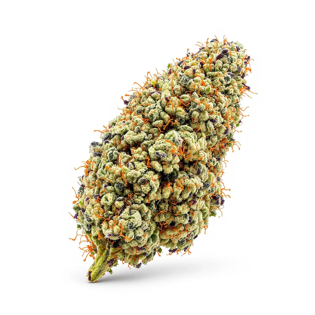 Purple Trainwreck 50% indica / 50% sativa — flor con tricomas visibles