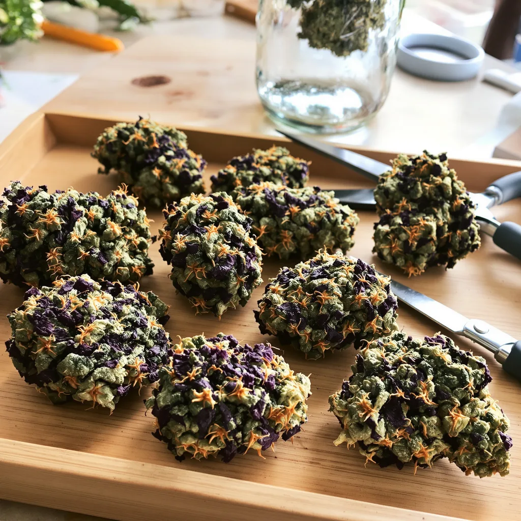 Purple Urkle 74% indica / 26% sativa — flor con tricomas visibles