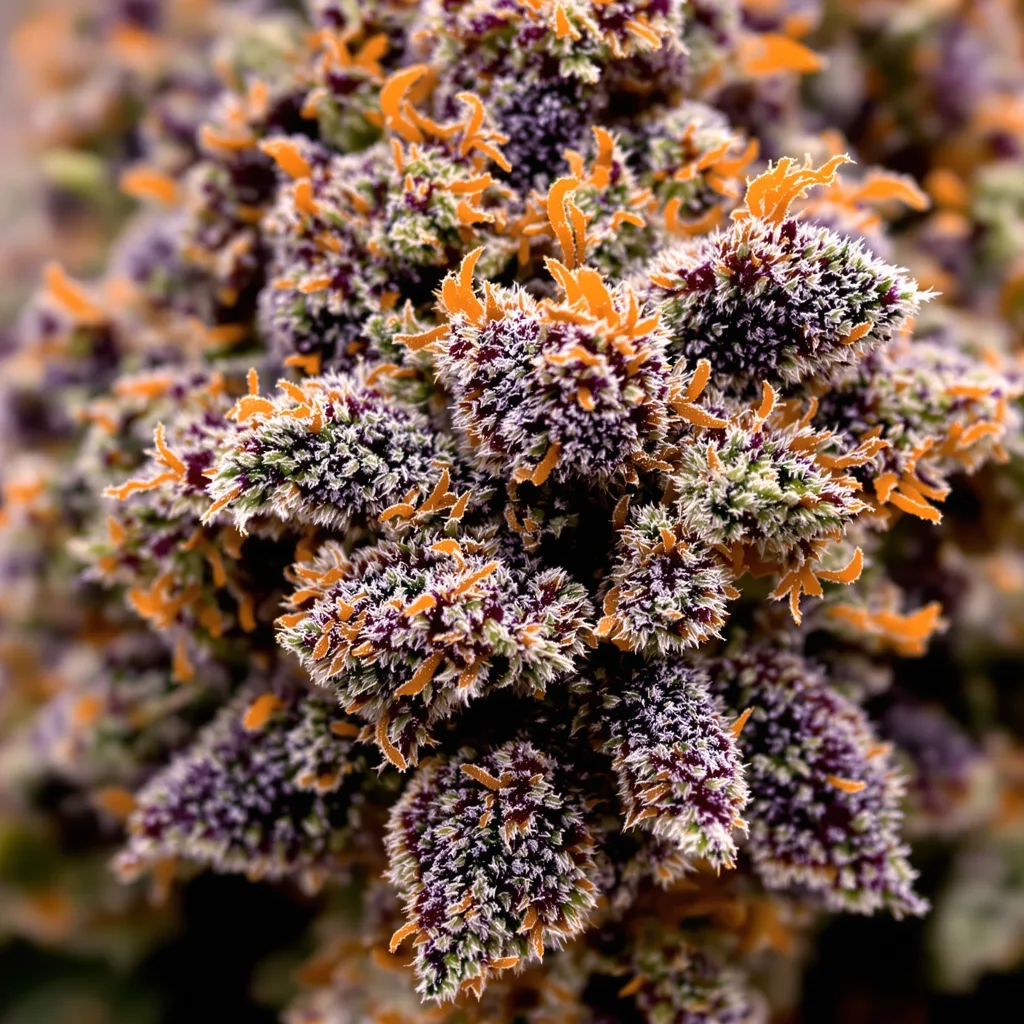 Primer plano de cogollo de cannabis Purple Urkle mostrando cálices densos con tonos morados