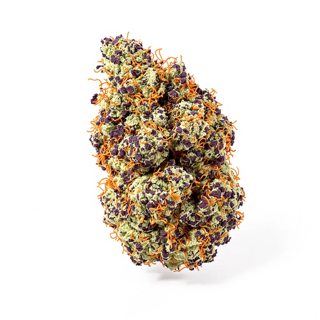 Purple Urkle 74% indica / 26% sativa — flor con tricomas visibles