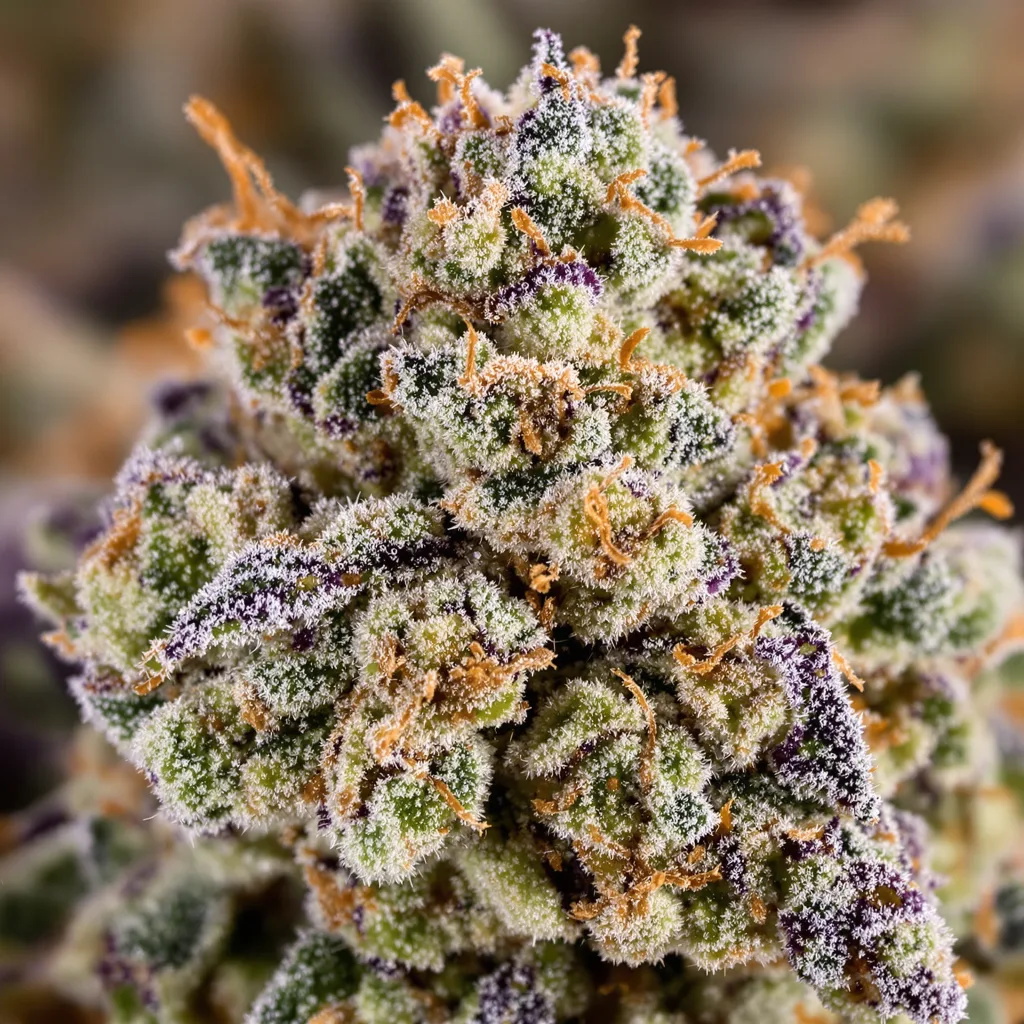 Primer plano de cogollo de cannabis Purple Voodoo mostrando estructura equilibrada con tricomas escarchados