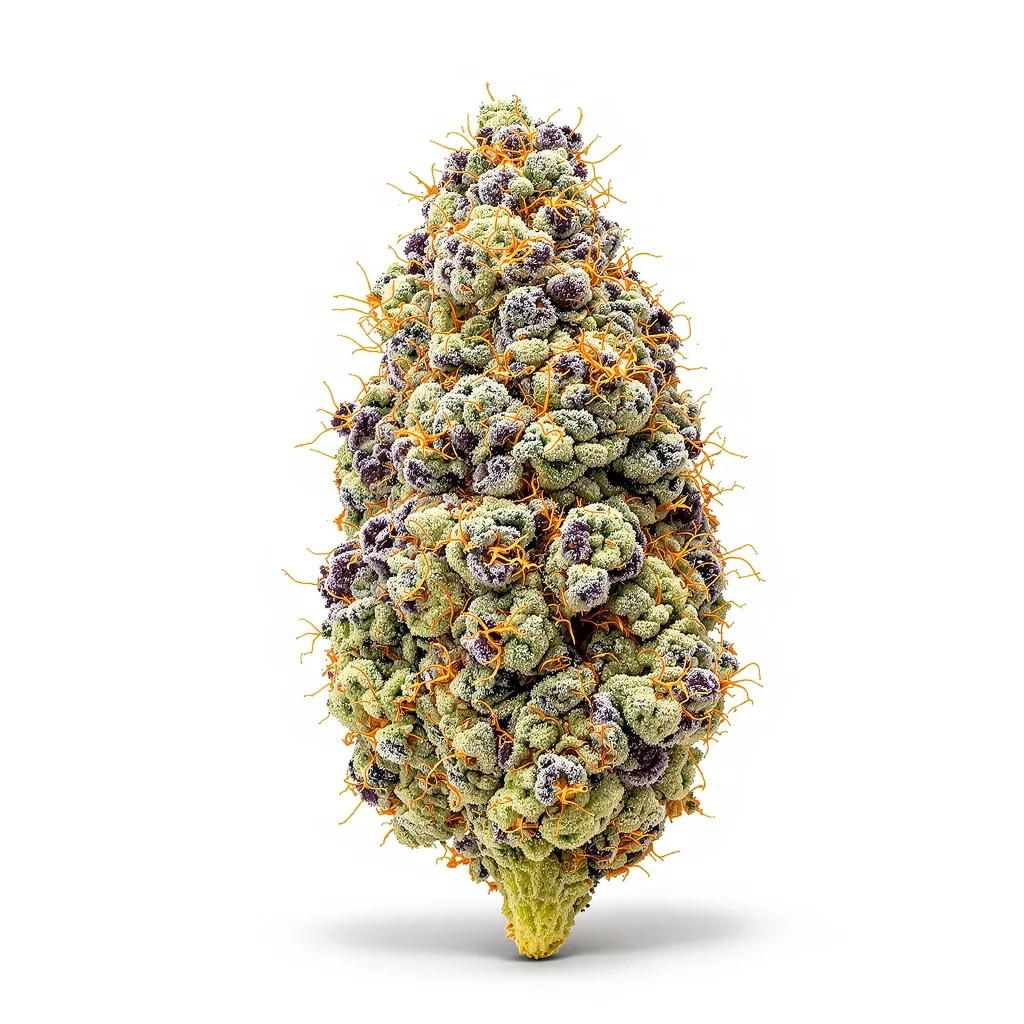 Purple Voodoo 54% indica / 46% sativa — flor con tricomas visibles