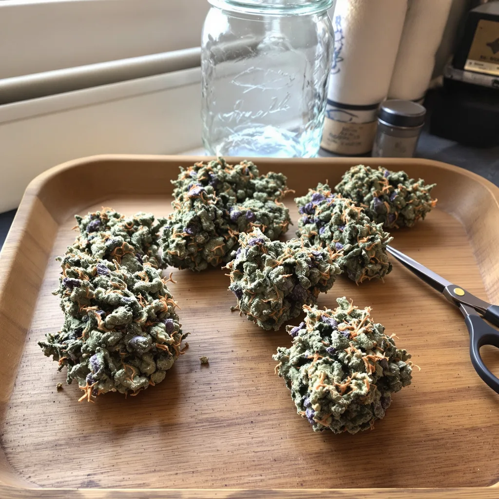 Purple Voodoo 54% indica / 46% sativa — flor con tricomas visibles