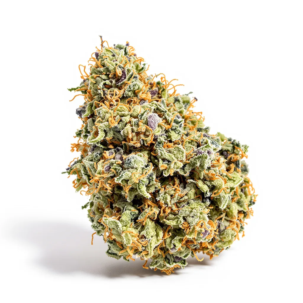 Purple Voodoo 54% indica / 46% sativa — flor con tricomas visibles