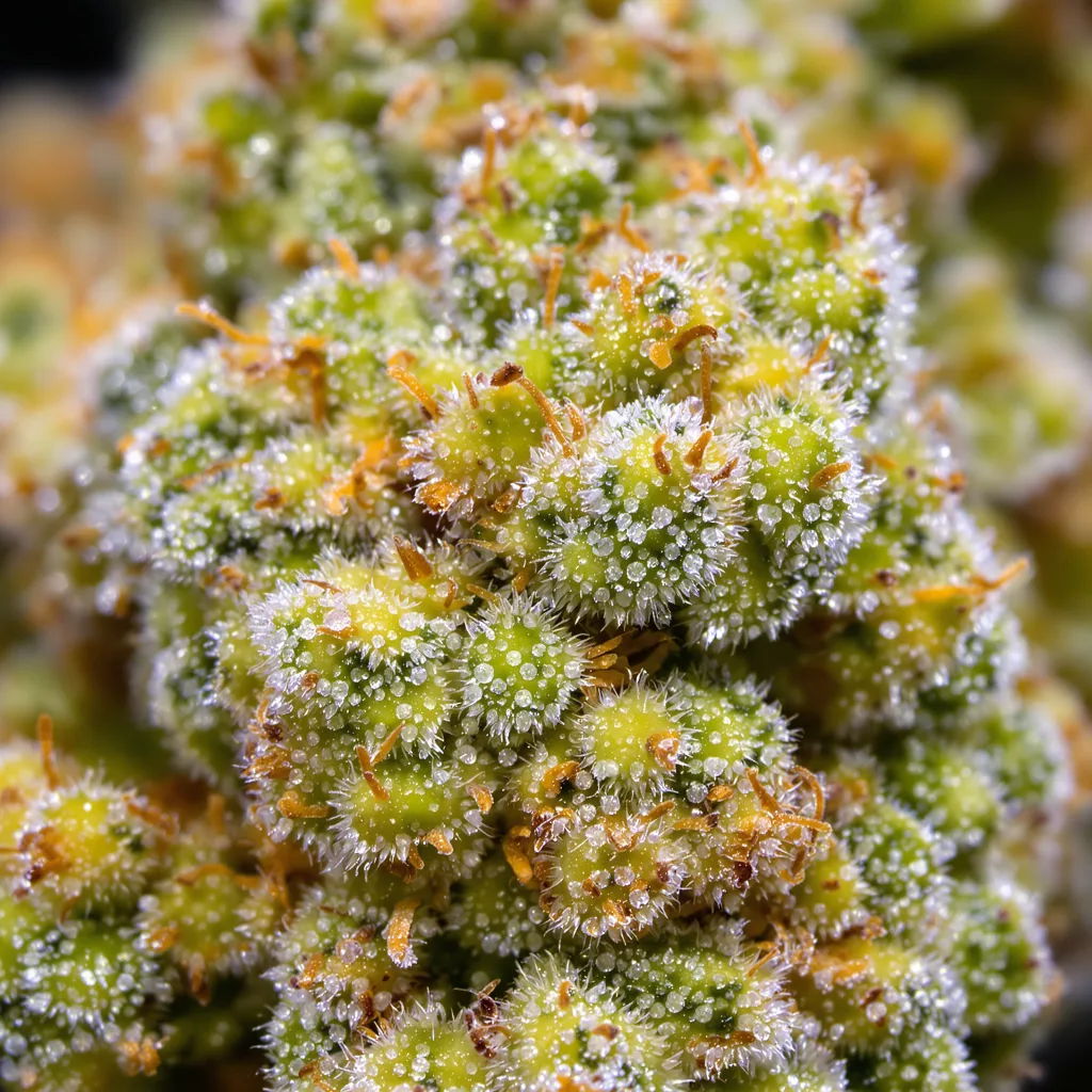 Primer plano de cogollo de cannabis Purple Wreck mostrando estructura aireada verde lima