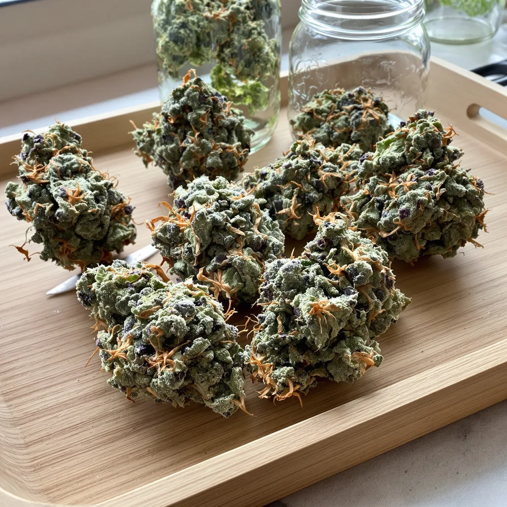 Qrazy Train 50% indica / 50% sativa — flor con tricomas visibles