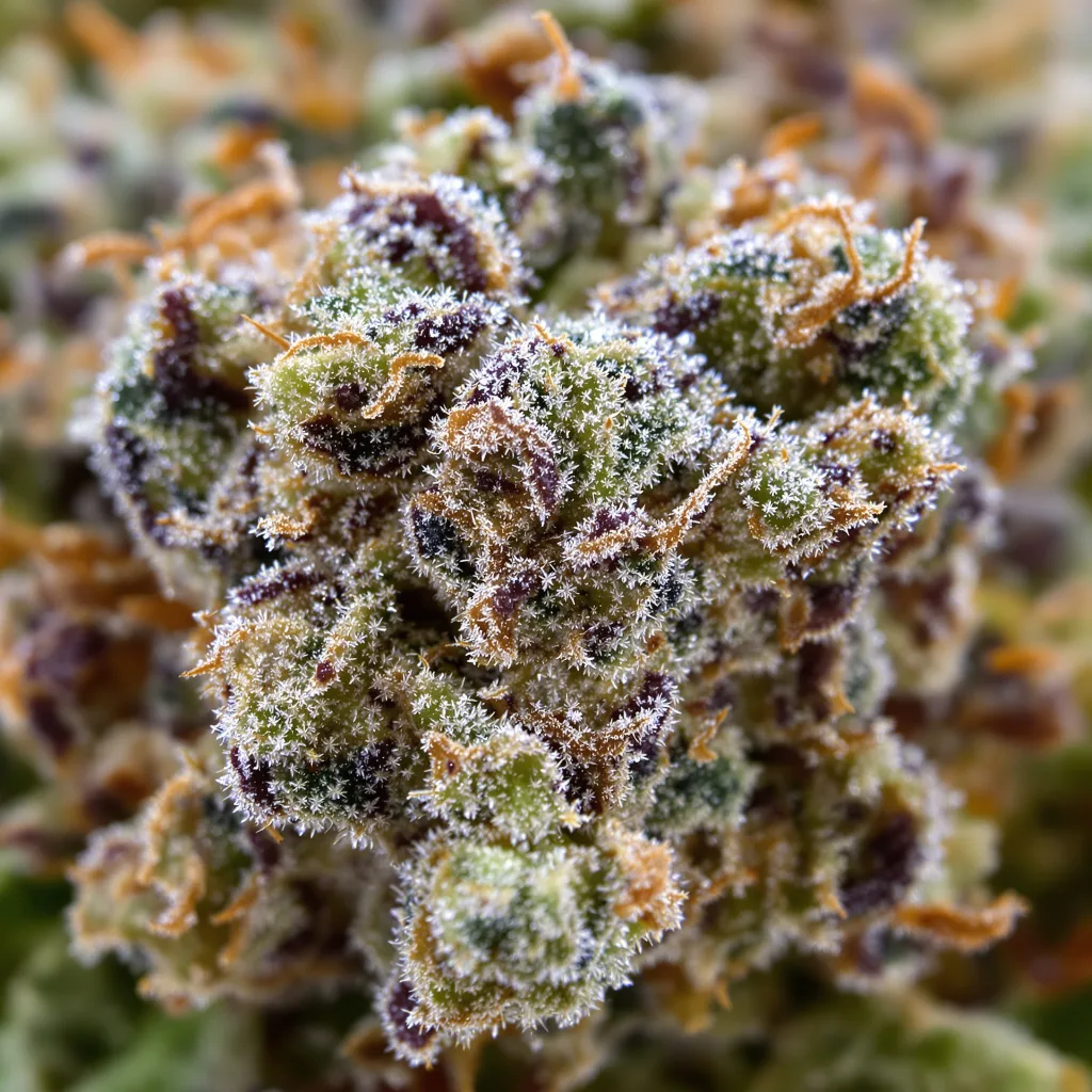 Primer plano de cogollo de cannabis Qrazy Train mostrando estructura equilibrada con tricomas escarchados