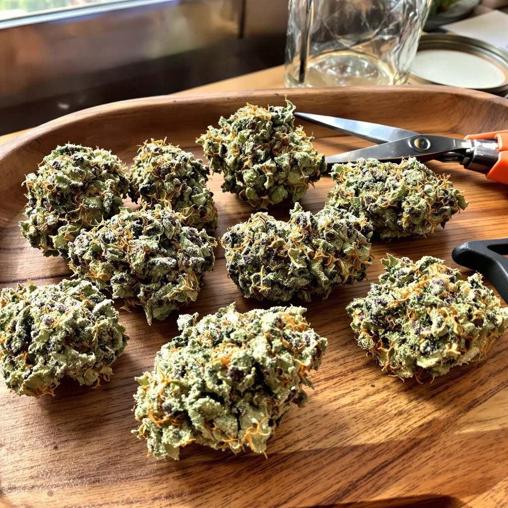 Qrazy Train 50% indica / 50% sativa — flor con tricomas visibles