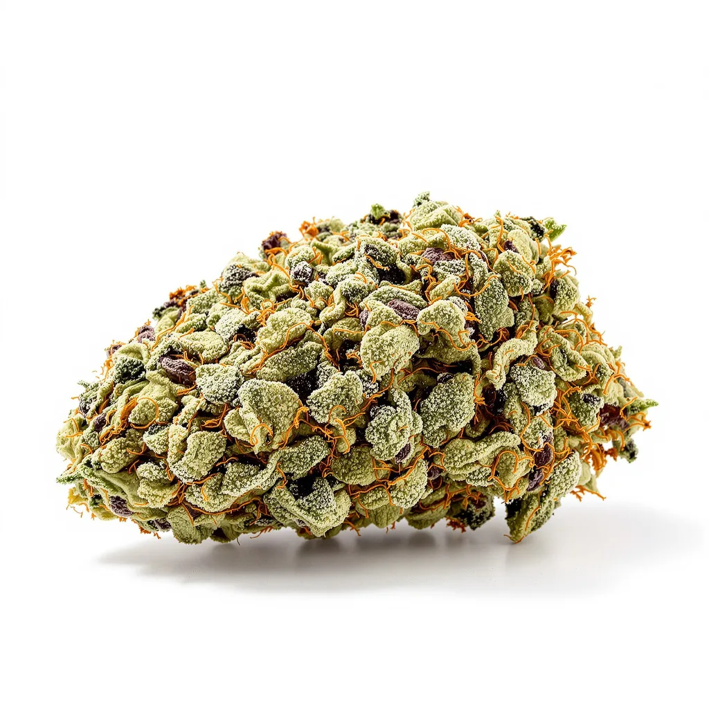 Qrazy Train 50% indica / 50% sativa — flor con tricomas visibles